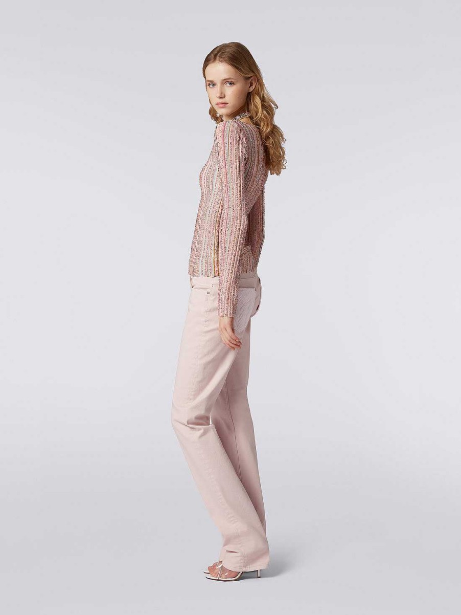 Kvinder Missoni Strik | Langaermet Ribstrikket Sweater Med Pailletter Pink Og Flerfarvet