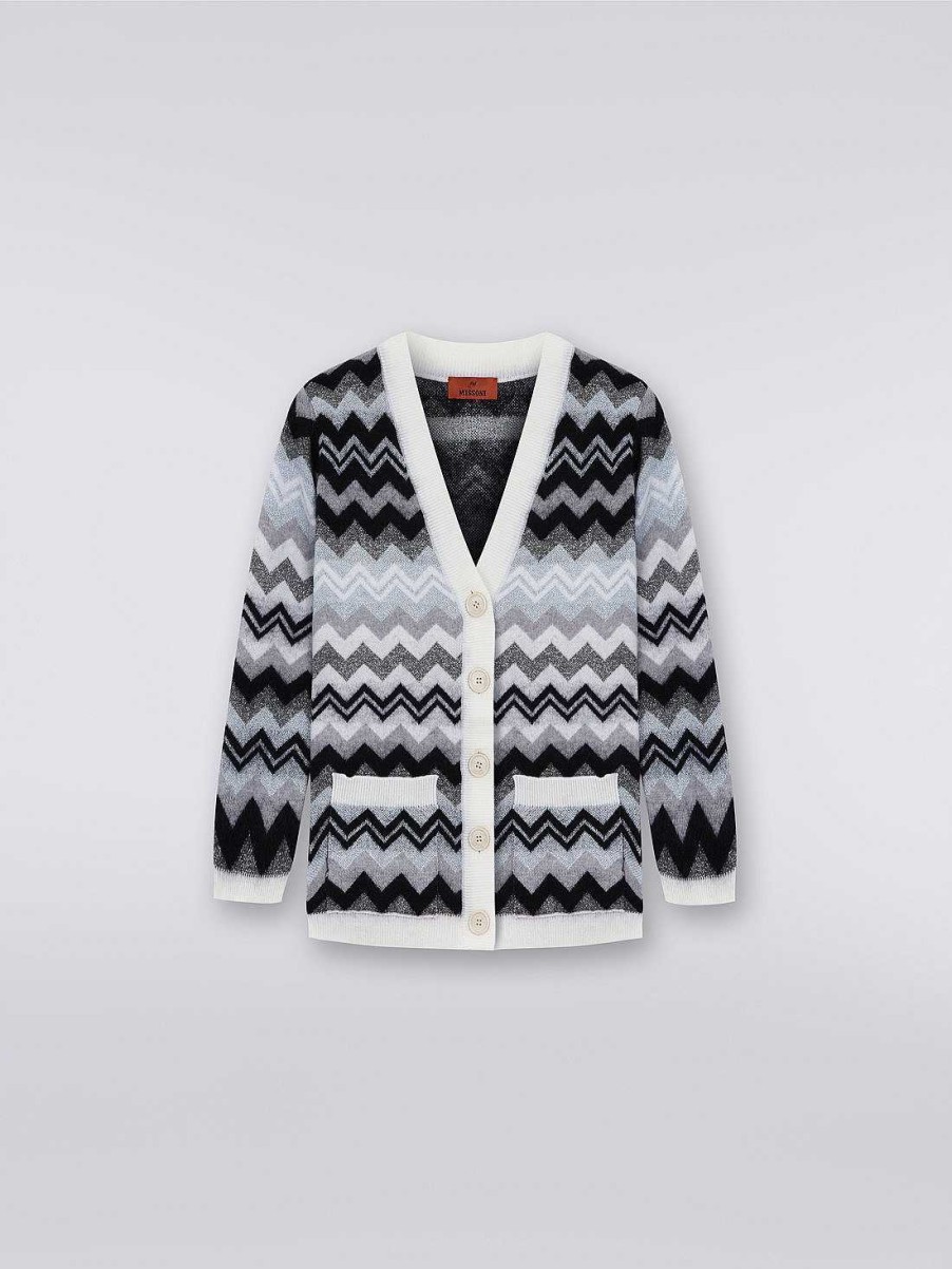 Pige (4-14 Ar) Missoni | Zigzag Uld Cardigan Med Lommer Sort Hvid