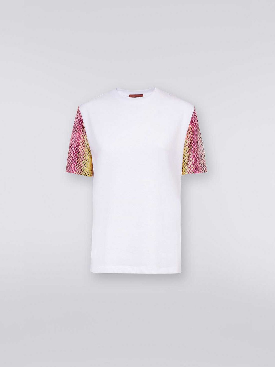 Kvinder Missoni T-Shirts Og Toppe | T-Shirt Med Rund Hals I Bomuld Med Strikkede Indlaeg Hvid