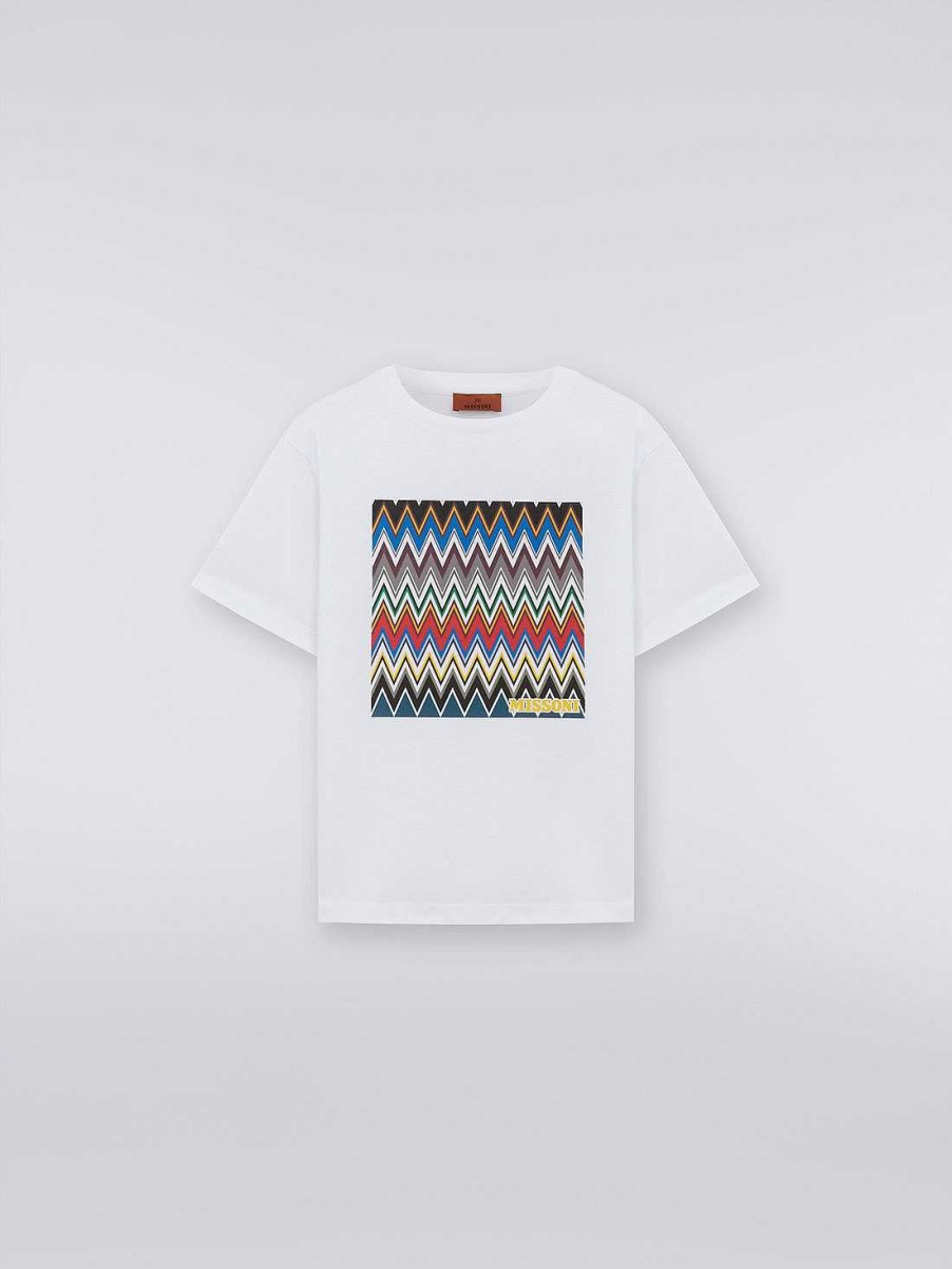 Dreng (4-14 Ar) Missoni | Bomuld T-Shirt Med Zigzag Print Og Logo Hvid