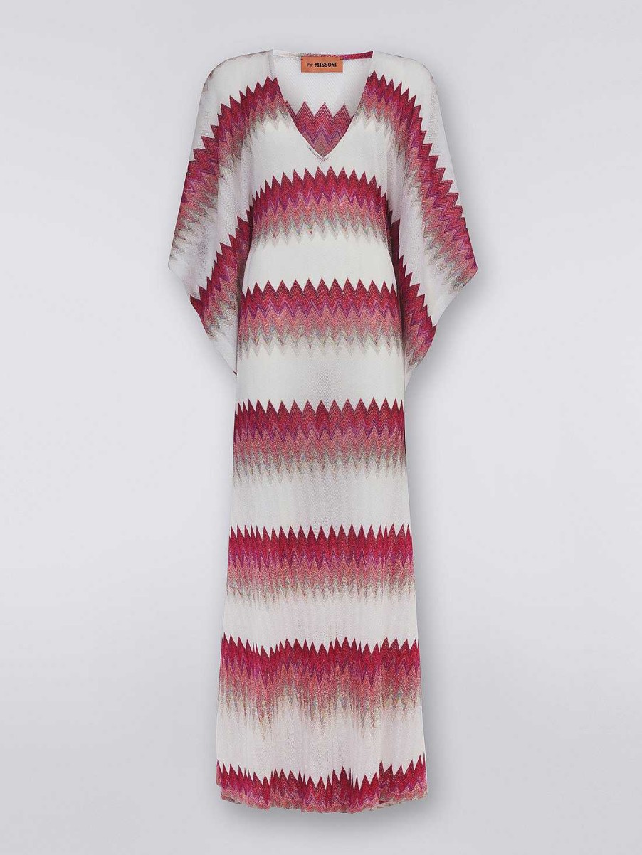 Kvinder Missoni Strandtoj | Lang Viskose Kaftan Daekke Op Med Zigzag Og Lame Hvid, Pink & Fuchsia