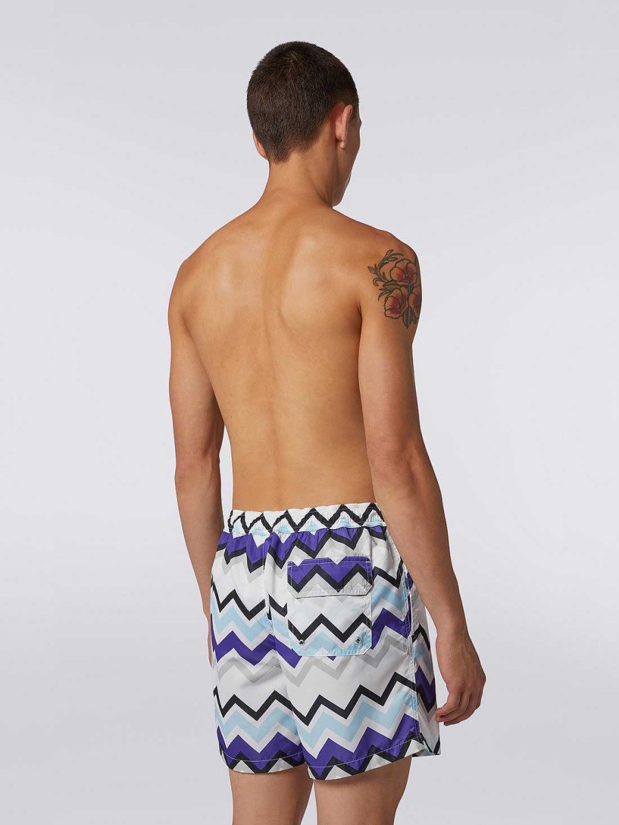 Maend Missoni Badebukser | Badebukser I Nylonblanding Med Stort Zigzag-Print Bla, Gra & Hvid