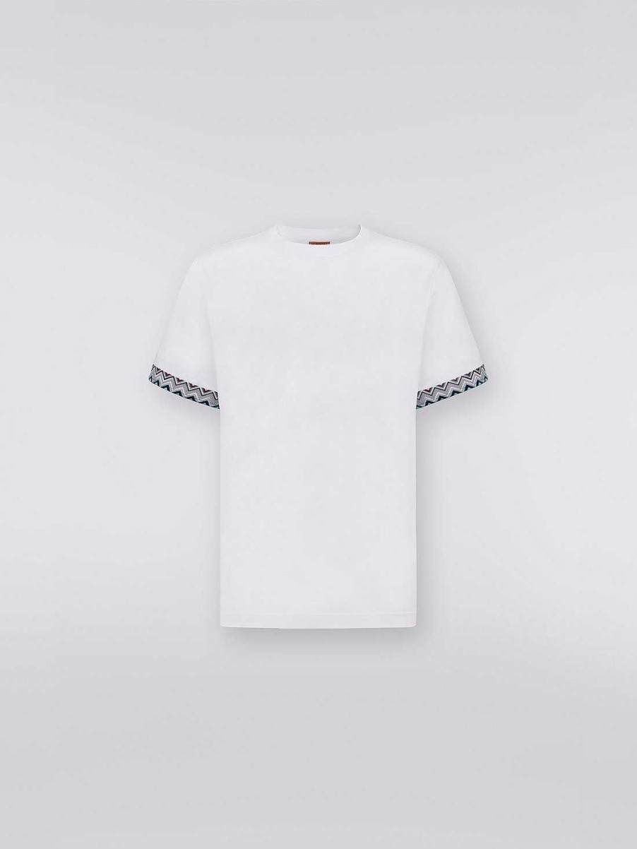 Maend Missoni Poloer Og T-Shirts | T-Shirt Med Rund Hals I Bomuld Med Strikket Indlaeg Hvid